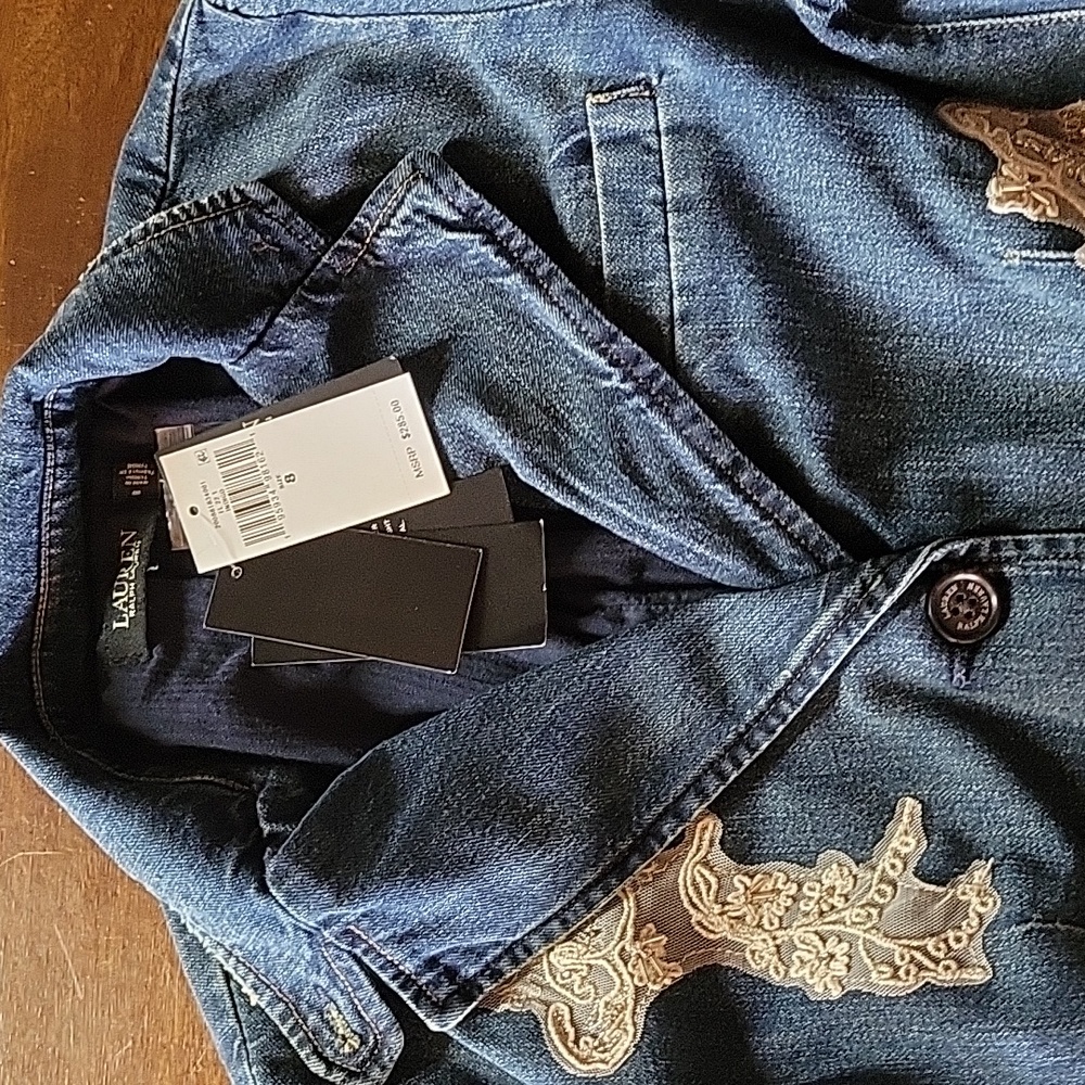 NWT Lauren Ralph Lauren Women's Lace Patchwork Denim Indigo Blazer 8 - Picture 5 of 9